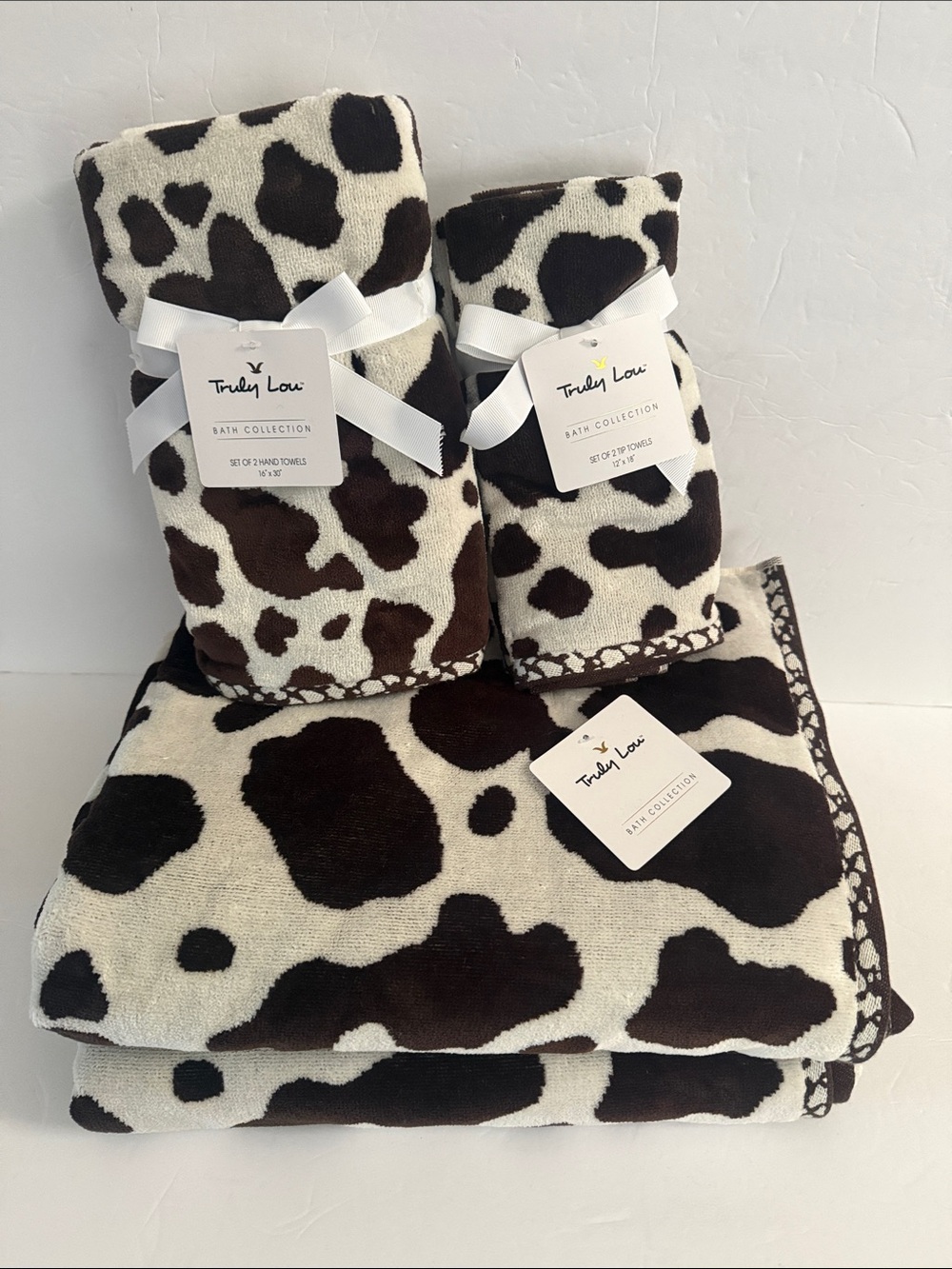 NWT Truly Lou 6 Piece 100% Cotton Bath Towel Set Brown & Cream Cow Animal Print
